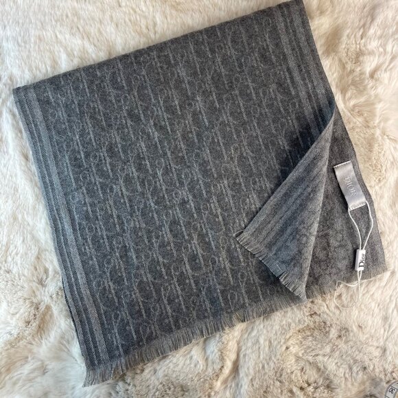 Dior Oblique Gray Cashmere Monochromatic Scarf